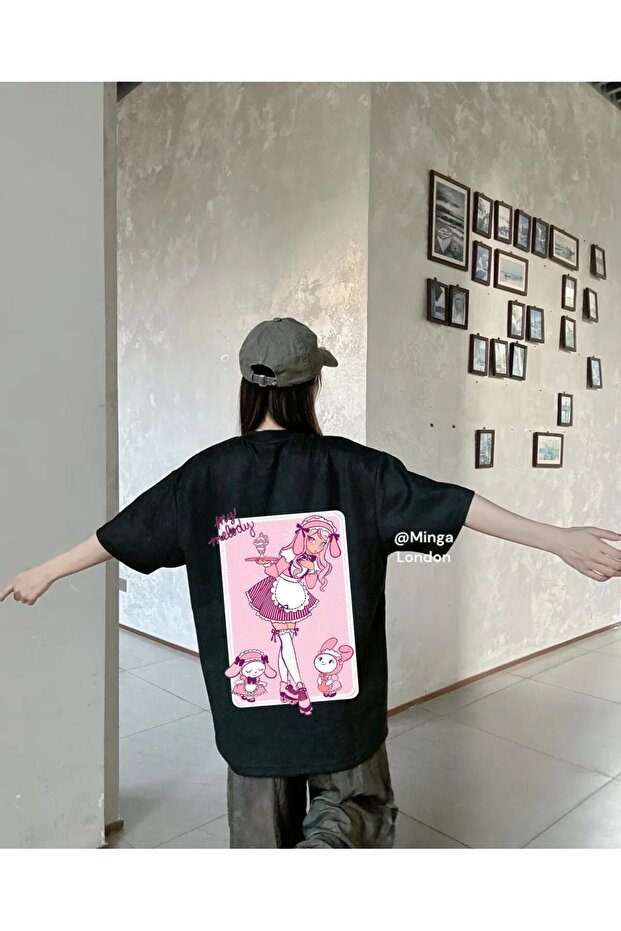 Black My Melody Game Card Back Printed Oversize Unisex T-Shirt