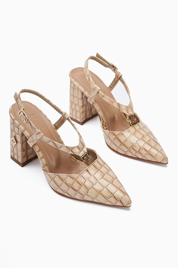Celina Beige Crocodile Patterned Pointed Toe Women's Heeled Shoes