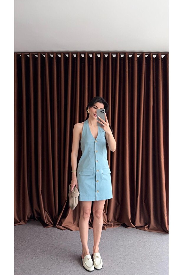 Düğmeli Mint Elbise - 1