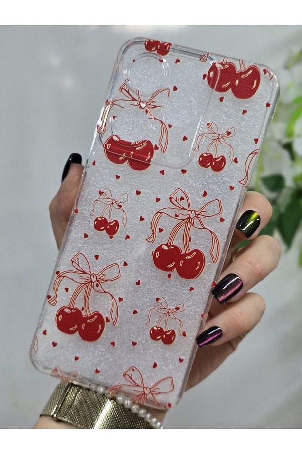 حافظة هاتف شفافة متوافقة مع هاتف Xiaomi Redmi 13 مع نمط الكرز والقلوب الصغيرة - 3