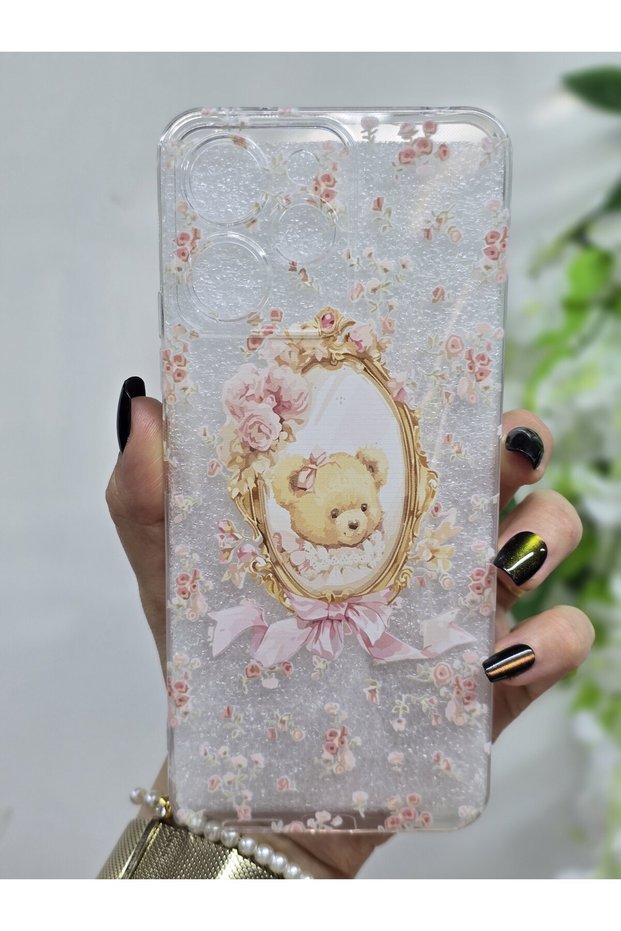 Xiaomi Redmi 12 Compatible Transparent Phone Case with Cute Teddy Bear and Flower Pattern
