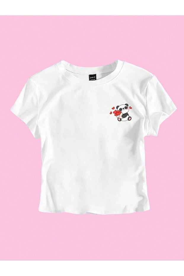 Women's White Heart Panda Printed Crew Neck Tight Crop Tshirt