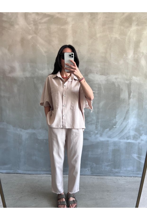 Beige Linen Casual Shirt and Pants Set - 7102