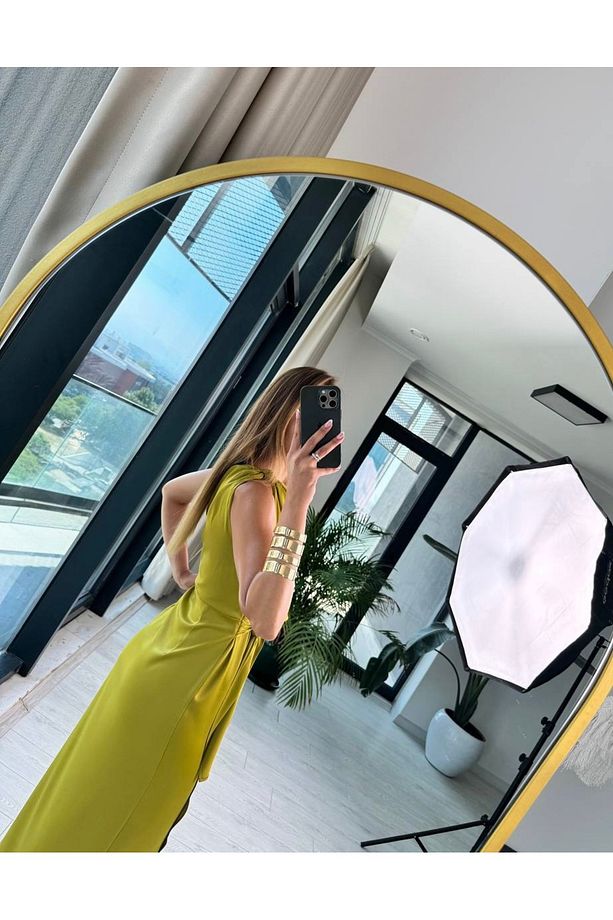 Yağ Yeşili Tek Kol Saten Midi Elbise - 6