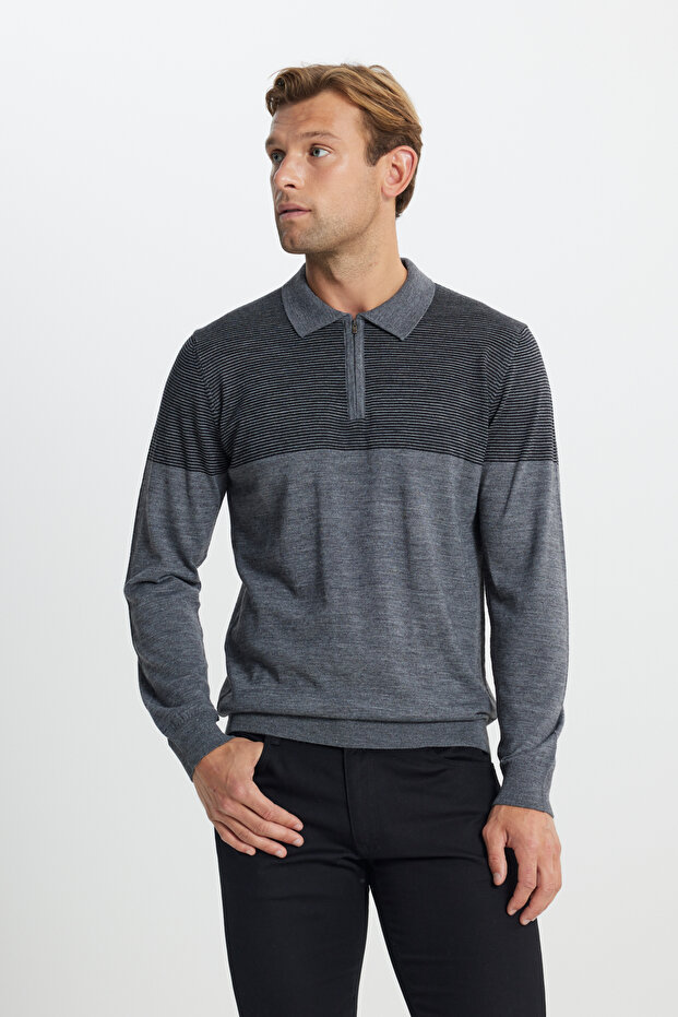 Men's Gray Melange Wool Standard Fit Regular Cut Polo Collar Striped Knitwear Sweater