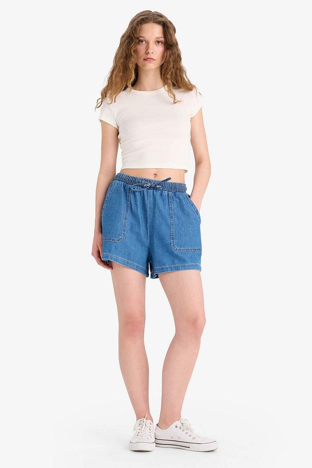 Yüksek Bel Esnek Belli Bağcıklı Yumuşak Jean Şort E0958AX25SM - 4