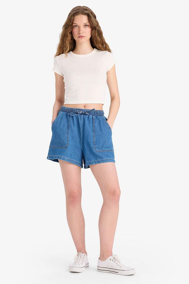 Yüksek Bel Esnek Belli Bağcıklı Yumuşak Jean Şort E0958AX25SM - 2