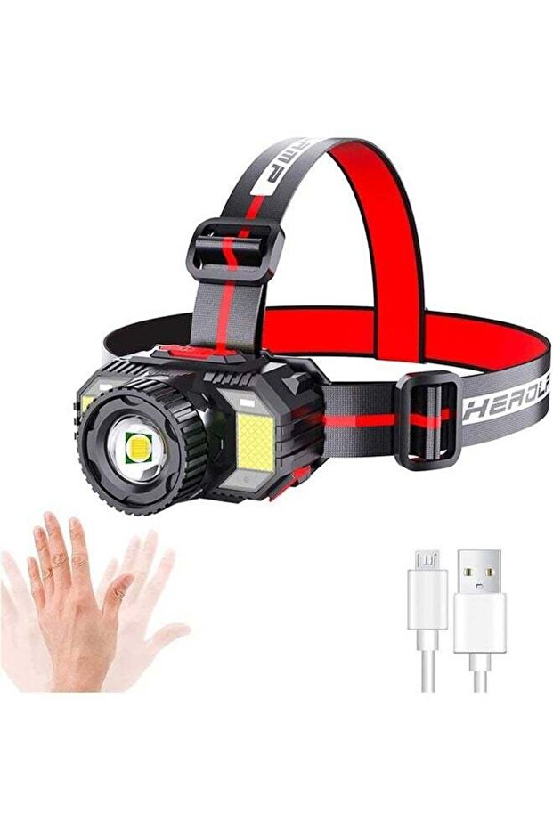 مصباح أمامي LED قابل لإعادة الشحن ومقاوم للماء، 4 أوضاع إضاءة، قابل للتكبير والتصغير، مع مفتاح استشعار، للاستخدام في الهواء الطلق