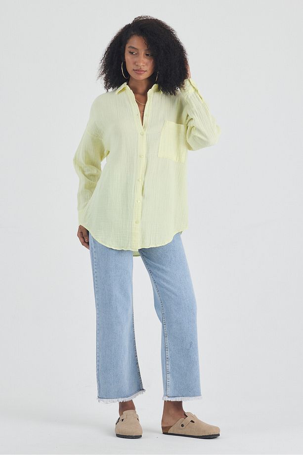 Kadın Sarı Oversize Basic Pamuk Gömlek - 8