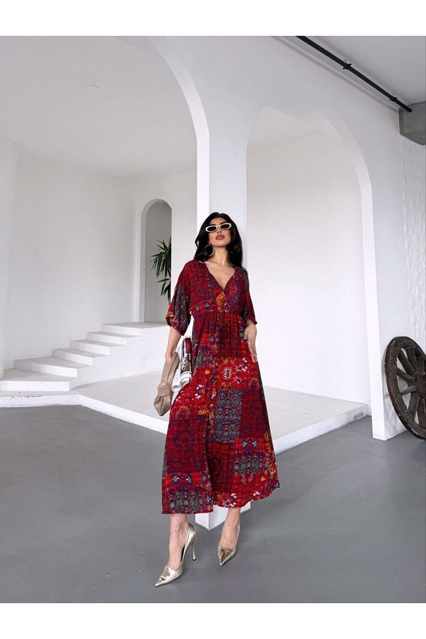 Kadın Bohem Tarz Patchwork Viskon Uzun Elbise – Yazlık Şık Model - 3