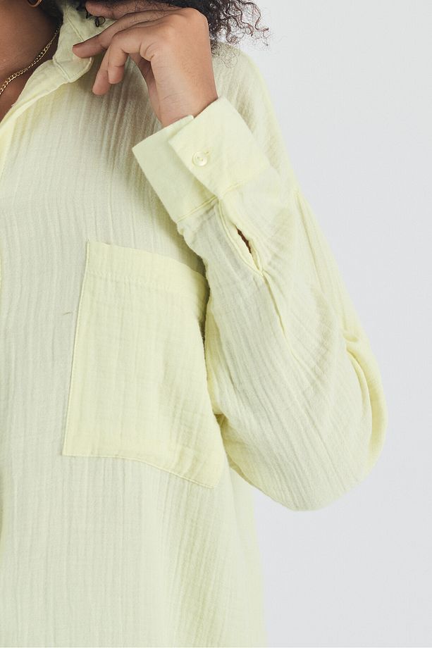 Kadın Sarı Oversize Basic Pamuk Gömlek - 5