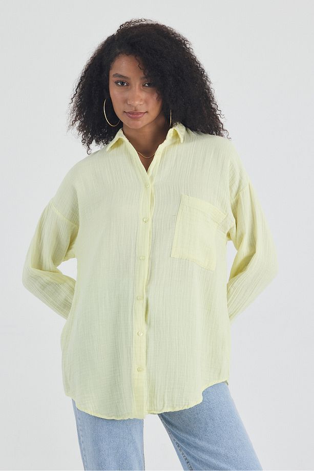 Kadın Sarı Oversize Basic Pamuk Gömlek - 3