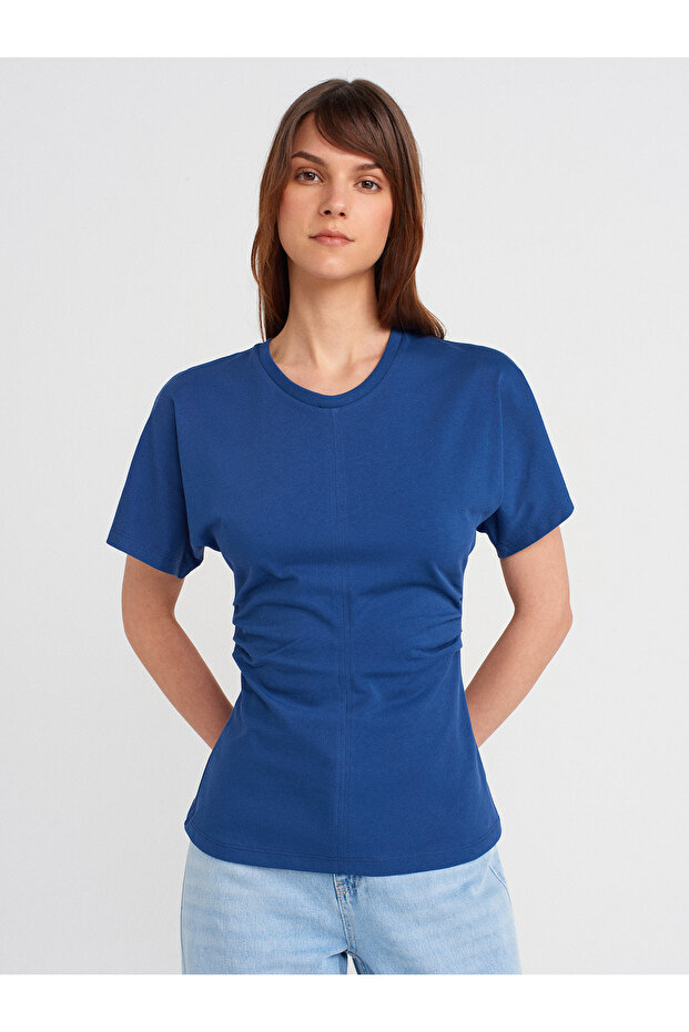 31585 100% Cotton Drape Detailed T-Shirt-Indigo
