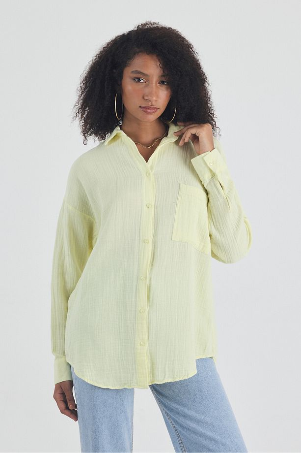 Kadın Sarı Oversize Basic Pamuk Gömlek - 6