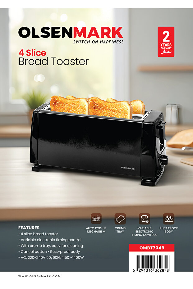 4 Slice Bread Toaster, Variable Electronic Timing Control, with Crumb Tray and Auto Pop Up