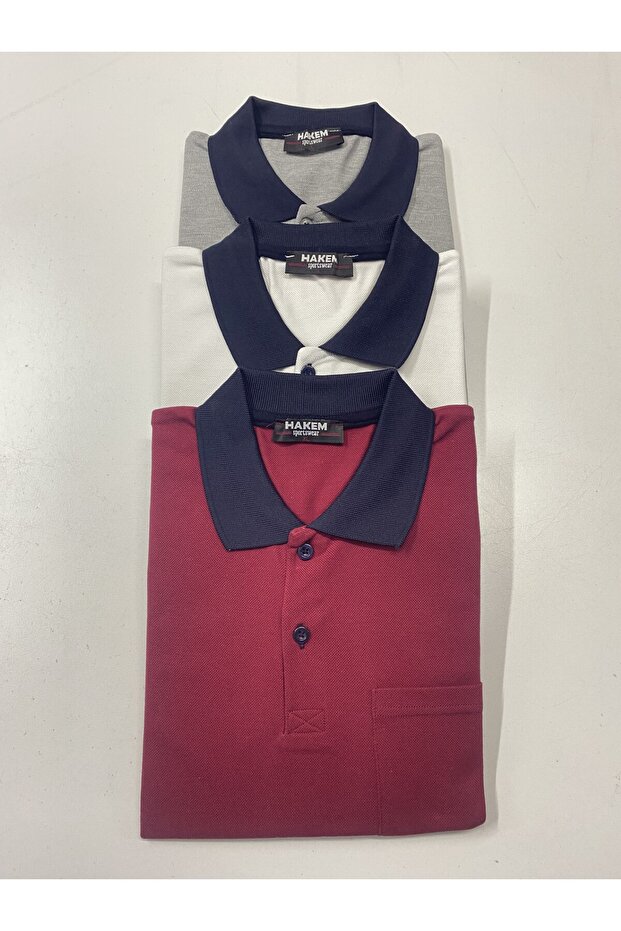 Plus Size Polo Collar Burgundy, White, Gray Pocket T-Shirt