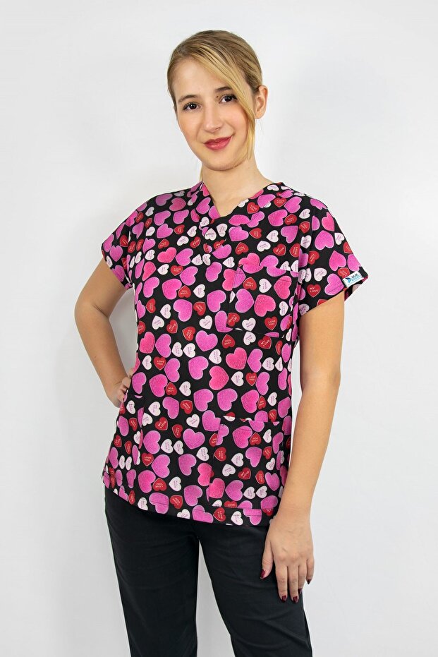 Unisex Pink Hearts Pattern Surgical Doctor Nurse Scrubs Single Top Jersey