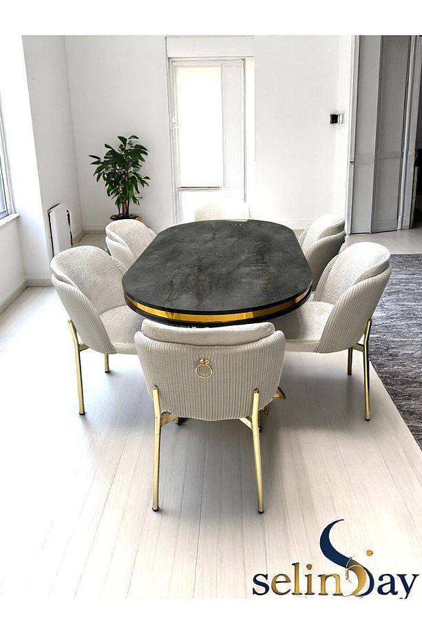 6 Kişilik Elysia Gold Line Masa Takımı BabyFace Kumaş MDF Lak Panel Masa - 3