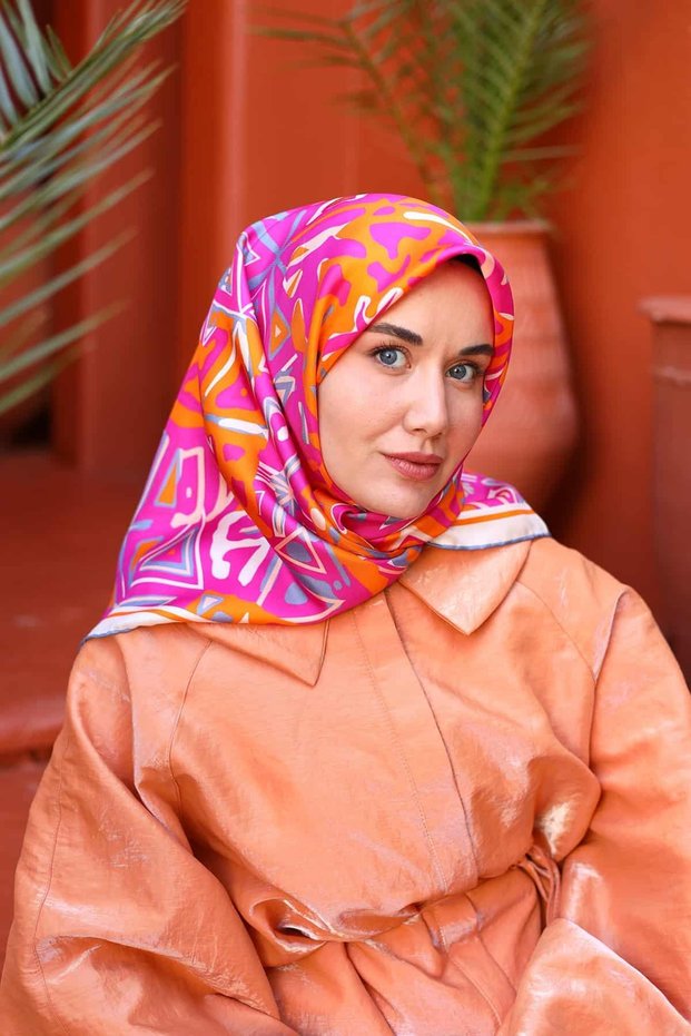 Tivil Silk Scarf Ist 11427 - 24 Bright Orange, Fuchsia, Steel Blue