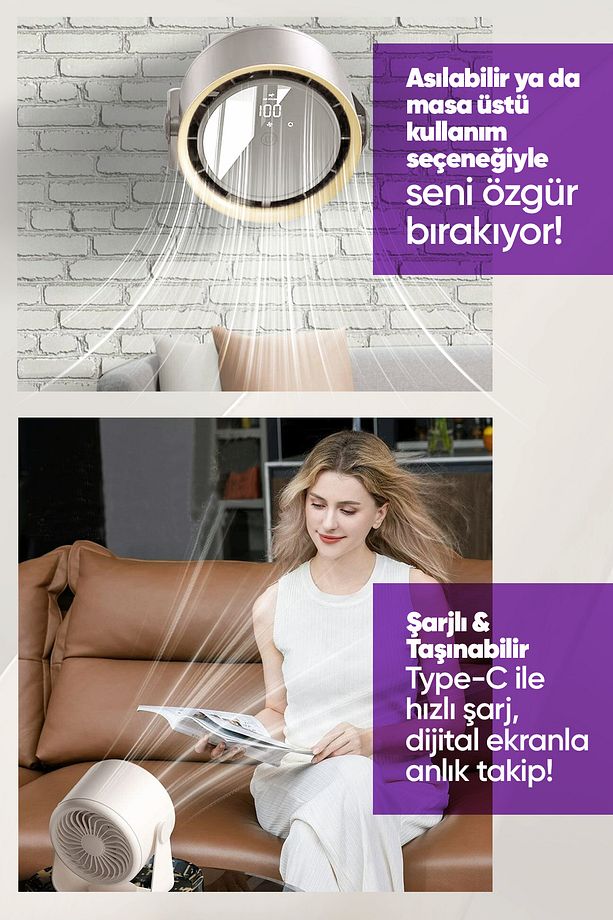 Şarjlı Turbo Masa Fanı Duvara Monte Edilebilir, Yüksek Üfleme Gücü, 5 Kademe Ayarlanabilir Hız - 6