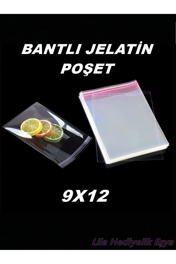 150 Adet Bantlı Şeffaf Jelatin Poşet En / Boy 9x12 9,5*12 Jelatin Poşet - 1