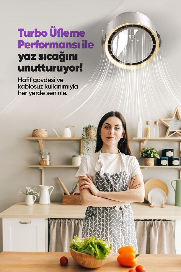 Şarjlı Turbo Masa Fanı Duvara Monte Edilebilir, Yüksek Üfleme Gücü, 5 Kademe Ayarlanabilir Hız - 5