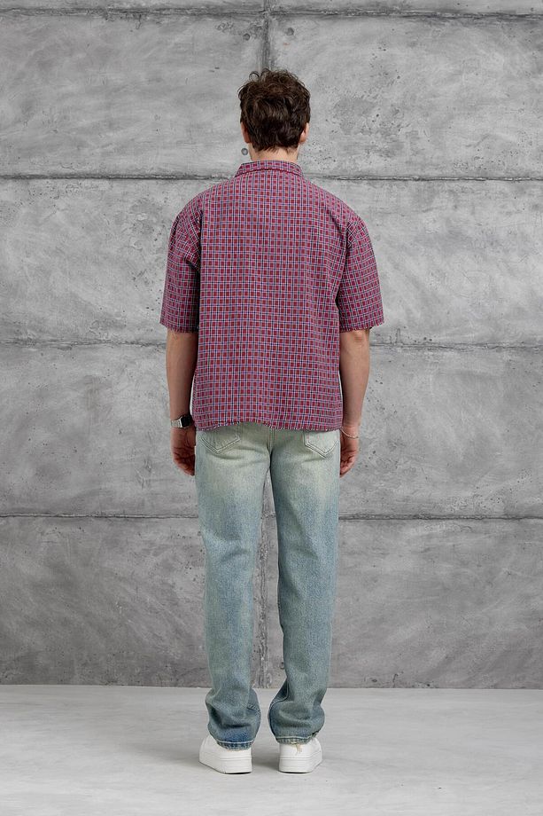 Mavi Kareli Kısa Kol Oversize Gömlek - 4