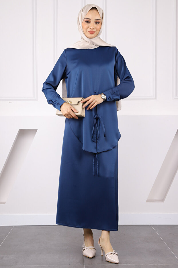 Navy Blue Front Tie Tunic Skirt Satin Suit