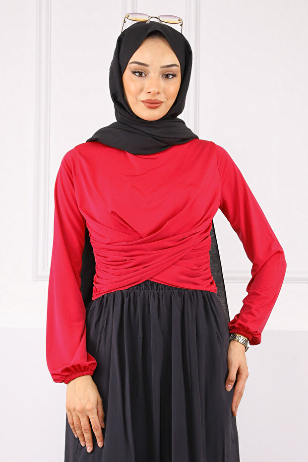 Fuşya Çapraz Drape Detaylı Sandy Bluz - 1
