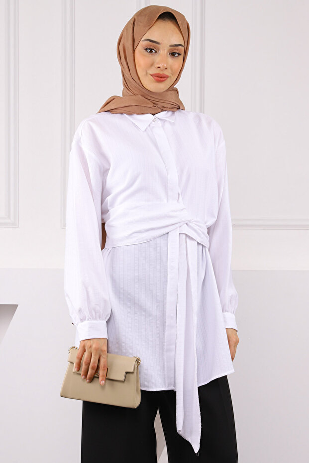 Ecru Belt Detailed Wrap Shirt