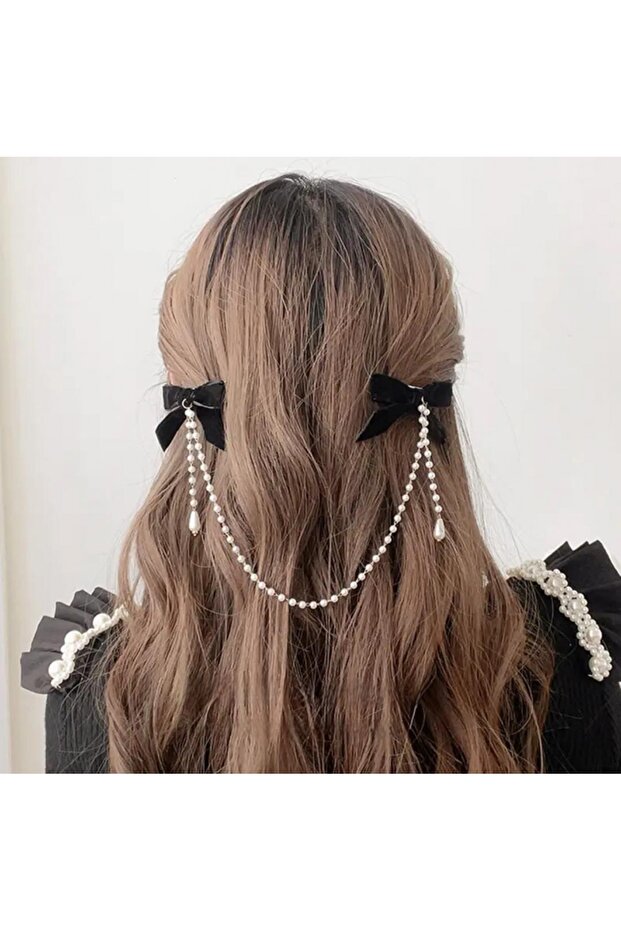 Black Color Satin Ribbon Collar Buckle with Pearl Dangle Bridge Detail