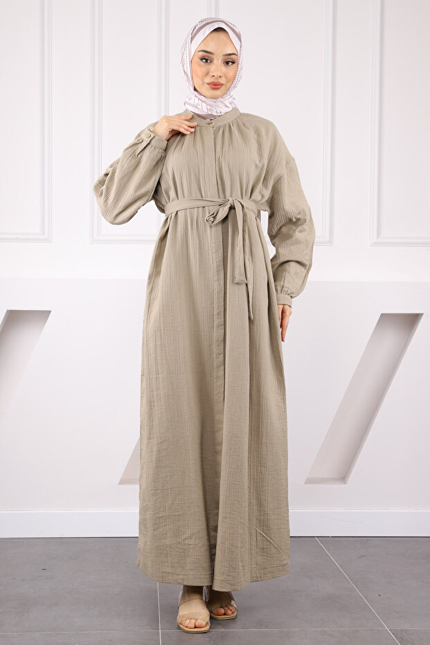 Khaki Waist Belted Muslin Dress