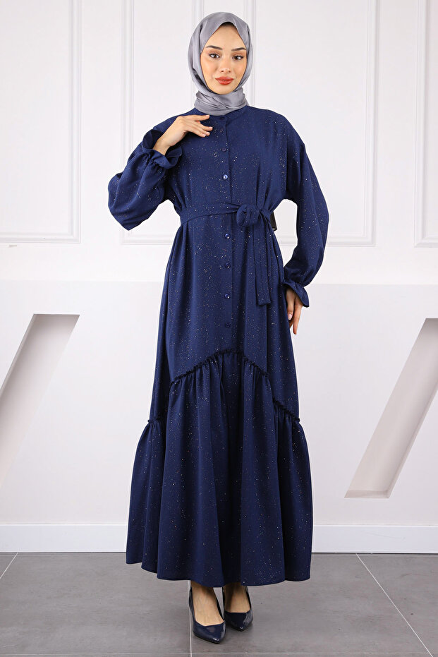 Navy Blue Skirt Gathered Waist Belted Linda Dress