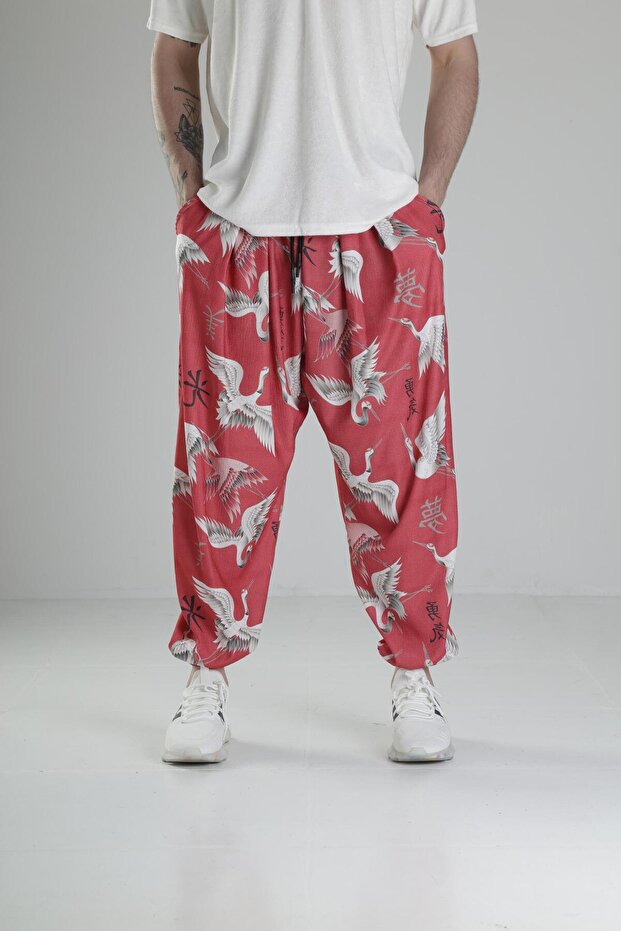 Chinese Bird Patterned Pleated Half Baggy