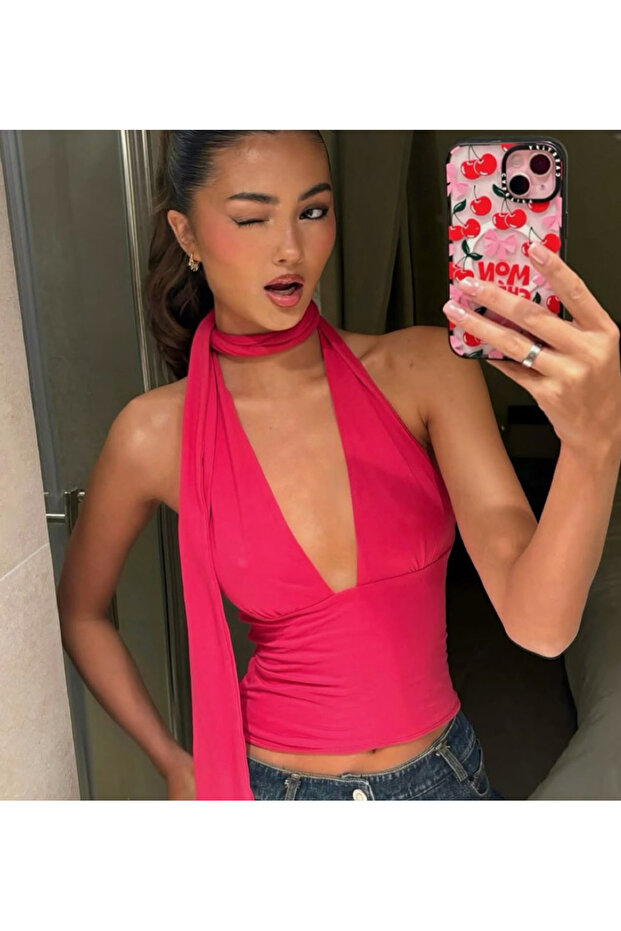 Low-Cut Blouse with Scarf Detail
