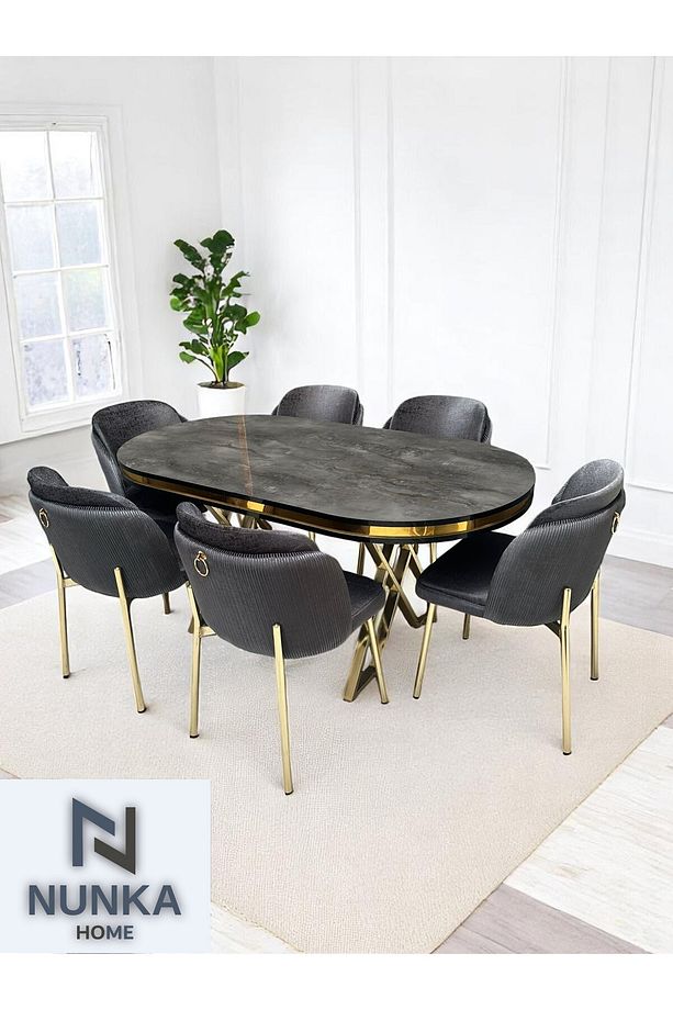 6 Kişilik Arya Gold Line BabyFace Kumaş Mdf Lak Panel Masa Takımı Modern Ve Şık - 2