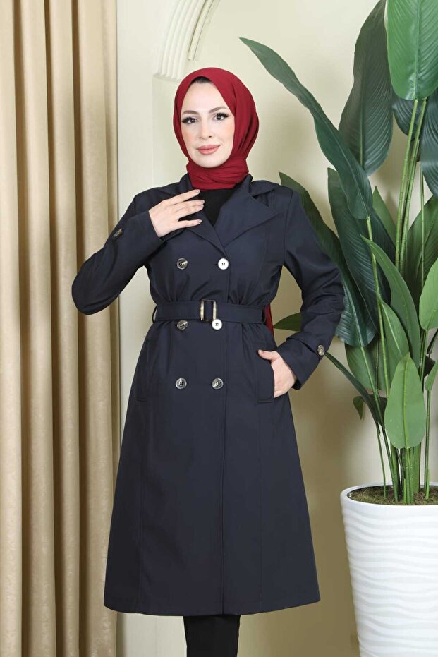 Women's Long Lined Double Breasted Collar Young Sports Large Size Waterproof Trench Coat with Pockets