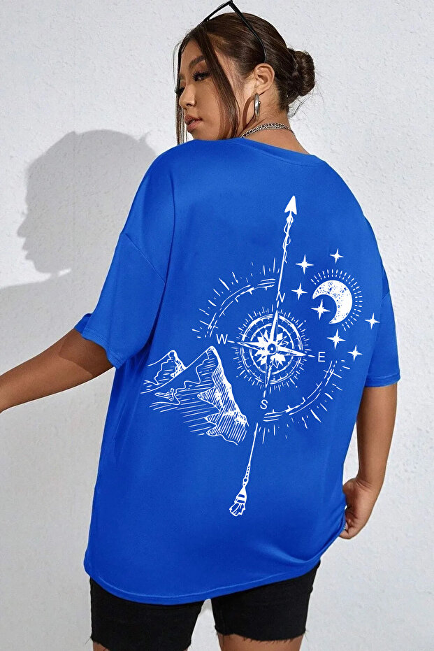 Unisex Compass Detail Printed Relaxed Cut Sax-Blue T-Shirt