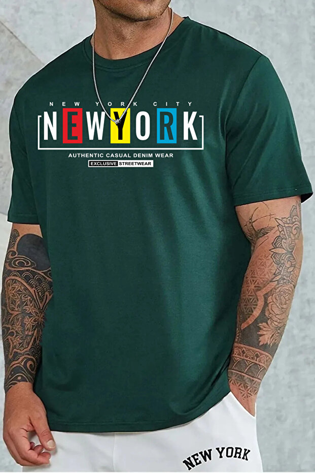 Unisex New York Printed Relaxed Cut Green T-Shirt
