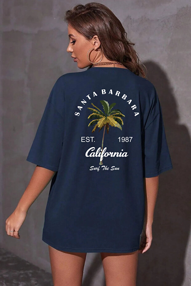 Unisex Santa Barbara Printed Relaxed Cut Navy Blue T-Shirt