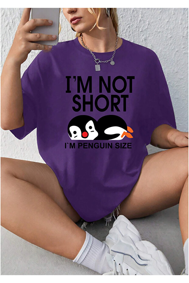 Unisex I'M Not Short Penguin Printed Relaxed Cut Purple T-Shirt
