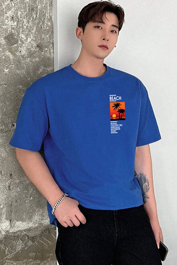 Unisex Beach Sunset Printed Relaxed Cut Sax-Blue T-Shirt