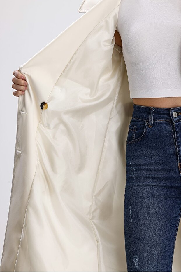 Ekru Klasik Kuşaklı Astarlı Trençkot - 3