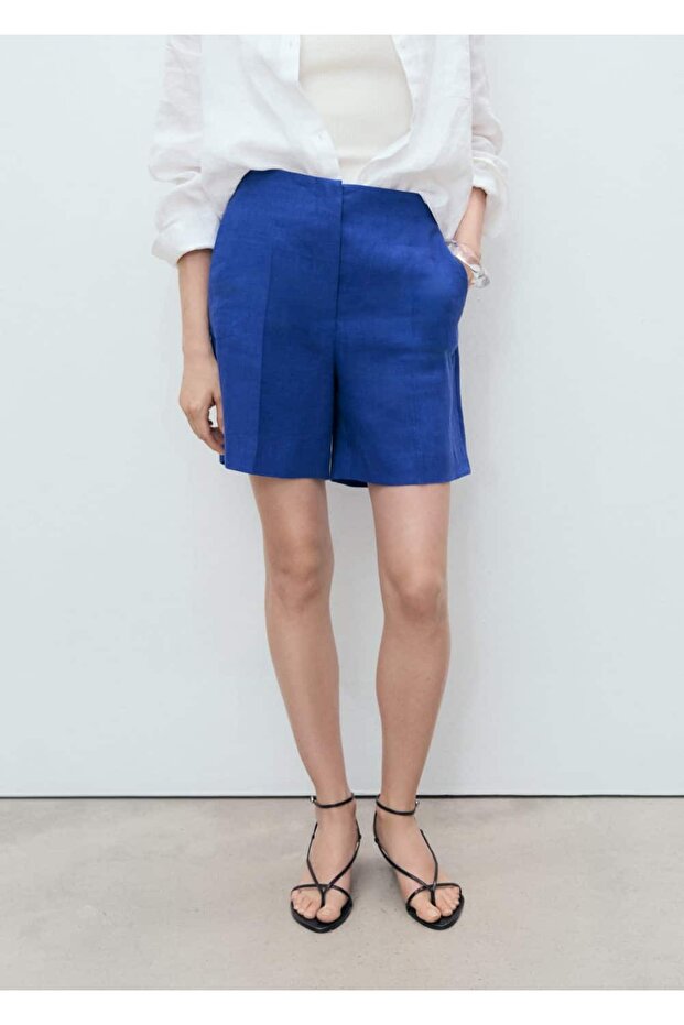 Orta bel düz kesim keten şort - 1