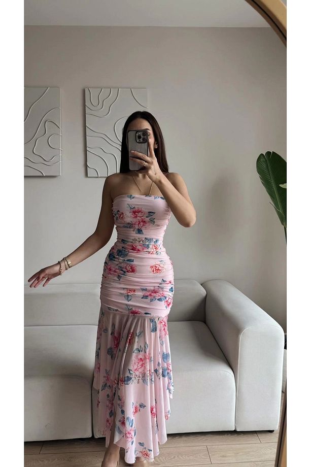 Çiçekli Straplez Drapeli Elbise - PEMBE - 3