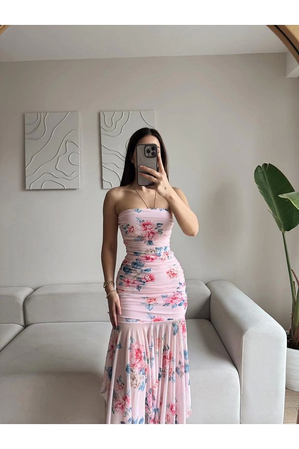 Çiçekli Straplez Drapeli Elbise - PEMBE - 1