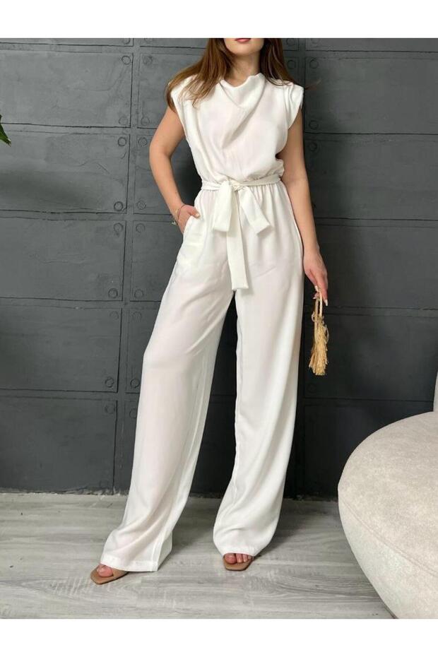 Premium Jumpsuit with Crepe Fabric Padding and Waist Tie Detail