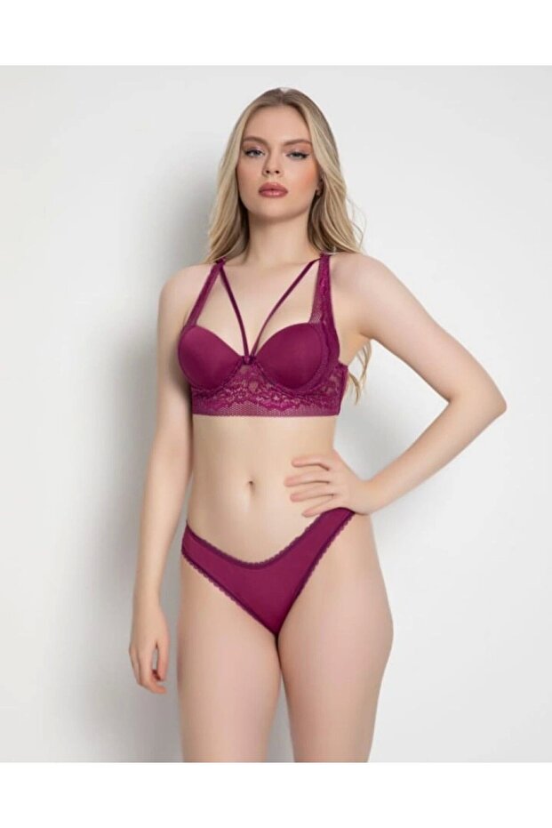 Cross Threaded Underwire Lace Bra Set - 1