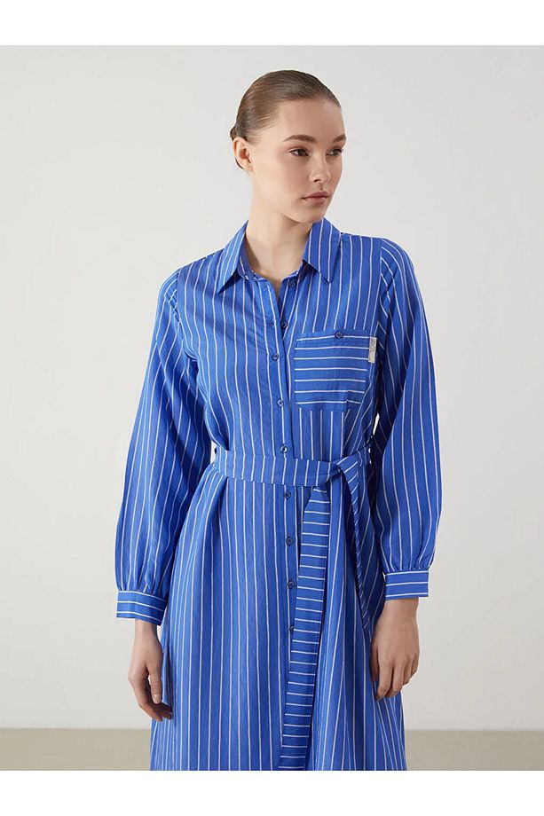 LCW Modest Mavi Çizgili Poplin Kadın Gömlek Elbise - 2
