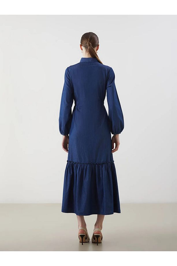 LCW Modest Indigo Gömlek Yaka Kadın Jean Elbise - 4